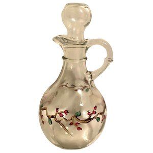 New Hand painted Signed Clear Glass Cranberry Vine Vinegar Oil Cruet